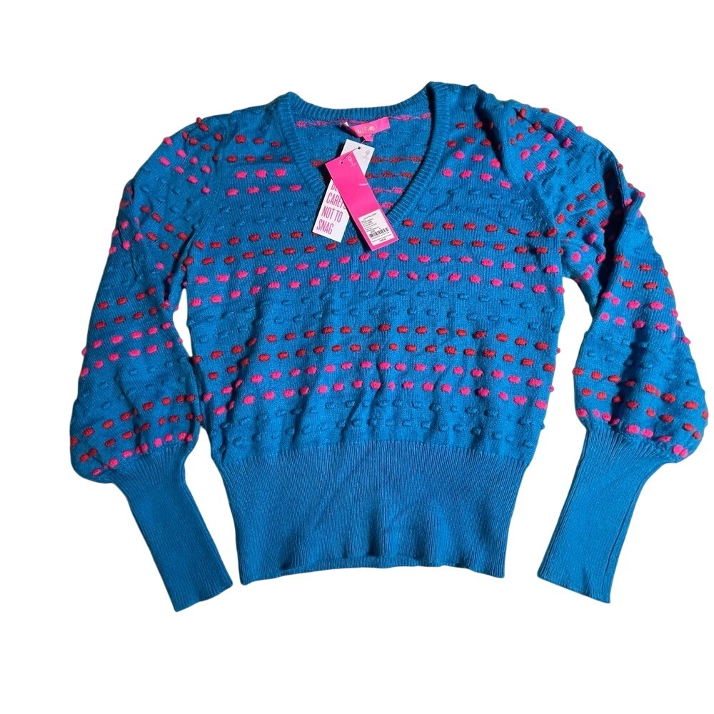 Lilly Pulitzer Rowen Sweater Tidal Bay Striped Bobbles V-Neck Puff Sleeve S NEW